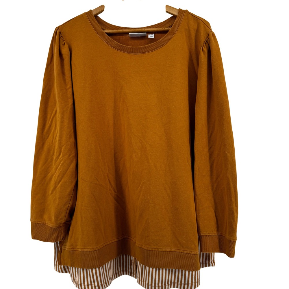 Denim & Co Womens 2X Burnt Orange Mixed Media Striped Hem Sweatshirt Plus Sz Top